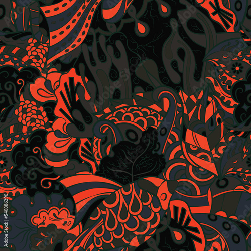 Tracery seamless pattern. Mehndi design. Dark sharp colors. 7 colors. Ethnic doodle texture. Curved doodling background. Vector