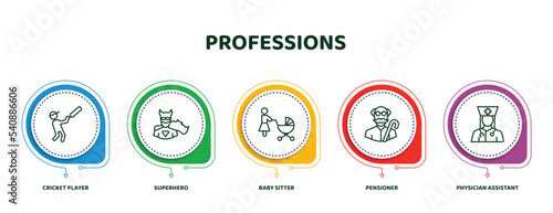 editable thin line icons with infographic template. infographic for professions concept. included cricket player, superhero, baby sitter, pensioner, physician assistant icons.