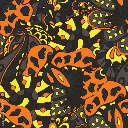 Tracery seamless pattern. Mehndi design. Dark sharp colors. 7 colors. Ethnic doodle texture. Curved doodling background. Vector