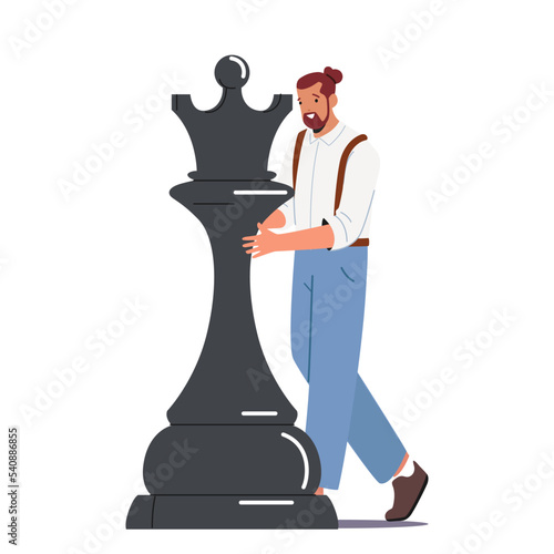 Confident Man Wearing Jeans on Suspenders Move Black Chess Queen Piece, Business Success Isolated on White Background