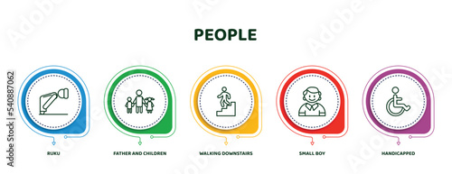 editable thin line icons with infographic template. infographic for people concept. included ruku, father and children, walking downstairs, small boy, handicapped icons.