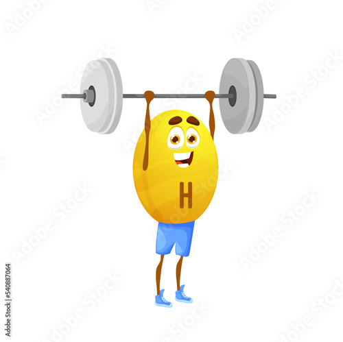 Cartoon vitamin H athlete character with barbell. Isolated vector funny Biotin capsule personage exercising with weight in gym. Yellow strong nutrient bubble sportsman bodybuilding workout and sport