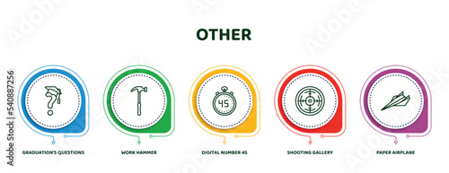 editable thin line icons with infographic template. infographic for other concept. included graduation's questions, work hammer, digital number 45, shooting gallery, paper airplane icons.
