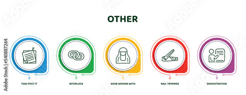 editable thin line icons with infographic template. infographic for other concept. included two post it, interlock, arab woman with hijab, nail trimmer, demostration icons.