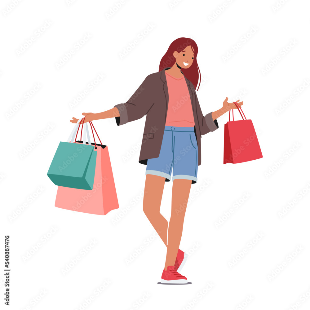 Cheerful Shopaholic Girl with Purchases in Colorful Paper Bags. Happy Stylish Woman Holding Shopping Packages