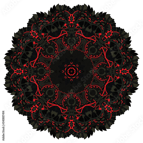 Mandala. Tracery wheel image. Mehndi design. Dark toxic colors. Ethnic doodle art. Curved doodling picture. Vector