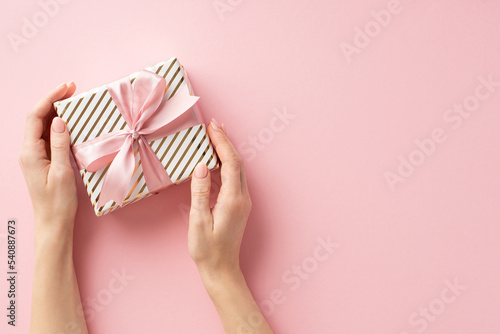 Fototapeta Naklejka Na Ścianę i Meble -  Christmas Eve concept. First person top view photo of young girl's hands holding stylish giftbox with bow on isolated pastel pink background with empty space
