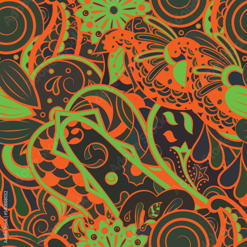 Tracery seamless pattern. Mehndi design. Dark sharp colors. Ethnic doodle texture. Curved doodling background. Vector