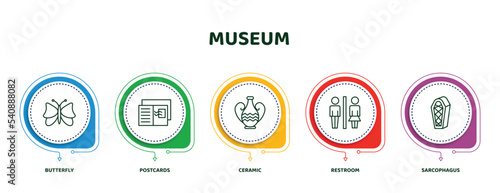 editable thin line icons with infographic template. infographic for museum concept. included butterfly, postcards, ceramic, restroom, sarcophagus icons.