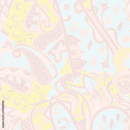 Tracery seamless pattern. Mehndi design. Pastel. 6 colors. Ethnic doodle texture. Curved doodling background. Vector