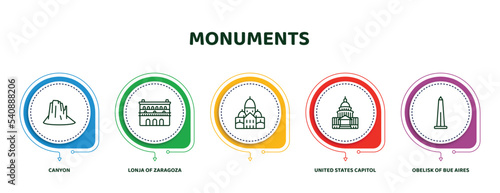 editable thin line icons with infographic template. infographic for monuments concept. included canyon, lonja of zaragoza, , united states capitol, obelisk of bue aires icons.