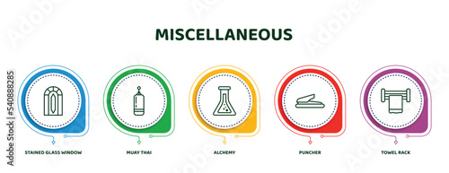 editable thin line icons with infographic template. infographic for miscellaneous concept. included stained glass window, muay thai, alchemy, puncher, towel rack icons.