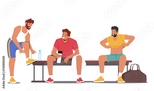 Young Men Sitting on Bench in Sports Locker Room. Athlete Male Characters Drink Water, Change Clothes before Training