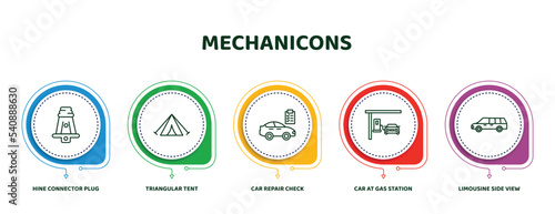 editable thin line icons with infographic template. infographic for mechanicons concept. included hine connector plug, triangular tent, car repair check, car at gas station, limousine side view