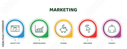 editable thin line icons with infographic template. infographic for marketing concept. included velocity test, marketing graph, pig bank, web cursor, diversify icons.
