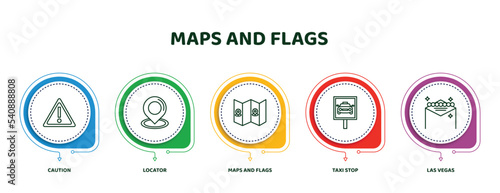 editable thin line icons with infographic template. infographic for maps and flags concept. included caution, locator, maps and flags, taxi stop, las vegas icons.