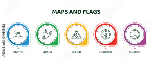 editable thin line icons with infographic template. infographic for maps and flags concept. included mount fuji, locations, land slide, road left side, road joining icons.