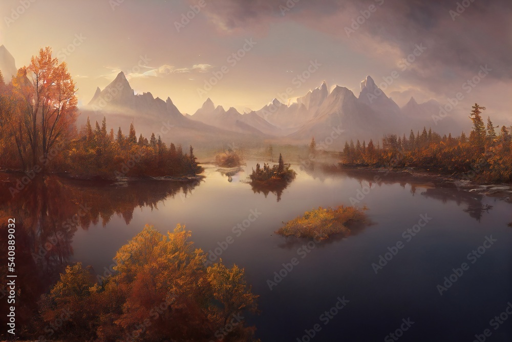 Fototapeta premium Autumn lake illustration