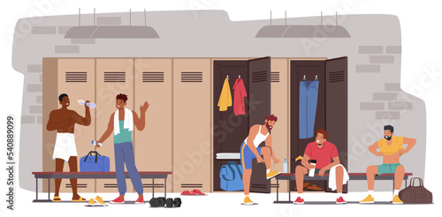 Adult Sportsmen in Sports Locker Room. Male Characters Change Clothes after Training or Workout in Gym, Chatting, Drink