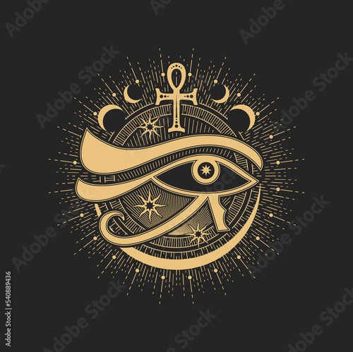 Mason sign, occult and esoteric symbol. Vector Eye of providence, Egyptian Ankh, stars and moon inside of golden sun circle. Magic tarot card sign, sacred religion spiritual occult amulet, tattoo photo