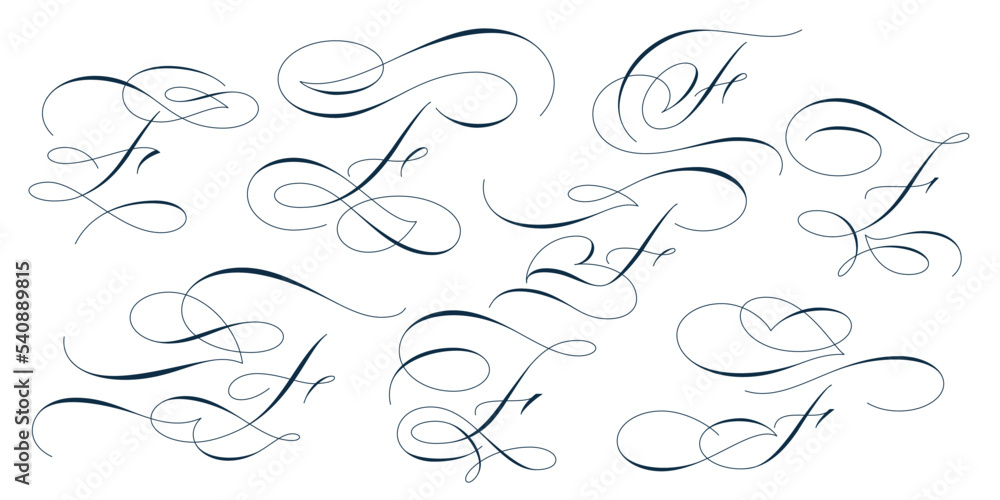 Set of beautiful calligraphic flourishes on capital letter F isolated on white background for decorating text and calligraphy on postcards or greetings cards. Vector illustration.