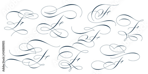 Set of beautiful calligraphic flourishes on capital letter F isolated on white background for decorating text and calligraphy on postcards or greetings cards. Vector illustration.