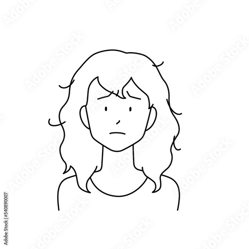 くせ毛に悩んでいる女性のイラスト（白背景・ベクター・線画・切り抜き）