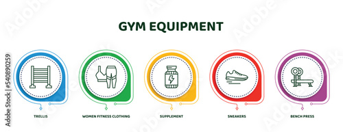 editable thin line icons with infographic template. infographic for gym equipment concept. included trellis, women fitness clothing, supplement, sneakers, bench press icons.