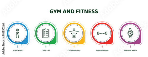 editable thin line icons with infographic template. infographic for gym and fitness concept. included sport wear, to do list, stick man hoop, dumbbells bar, training watch icons.