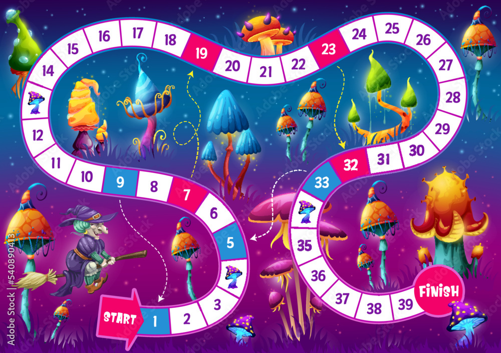 Kids board step game. Magic mushrooms in fairy forest. Preschool kids