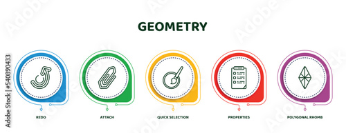 editable thin line icons with infographic template. infographic for geometry concept. included redo, attach, quick selection, properties, polygonal rhomb icons.