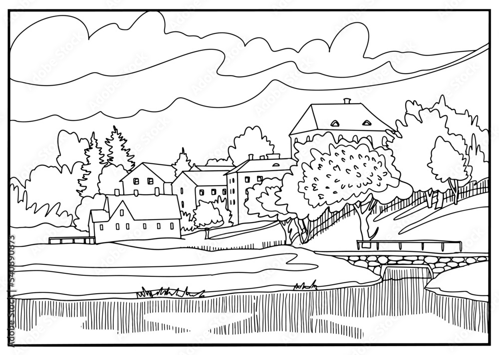 Fototapeta premium Coloring book . Lovely landscape, city view across the river. Vector art line background.