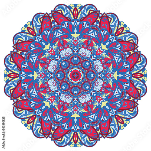 Mandala. Tracery wheel image. Mehndi design. Ethnic doodle art. Curved doodling picture. Vector