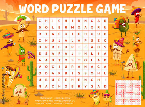 Cartoon food characters in Mexican desert, word search puzzle game, vector worksheet. Kids quiz grid or word search riddle for Mexican burrito, avocado and taco in sombrero with guitar and maracas