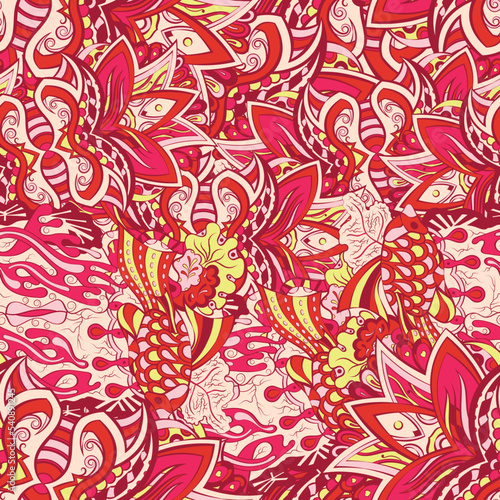 Tracery seamless pattern. Mehndi design. 6 colors. Ethnic doodle texture. Curved doodling background. Vector