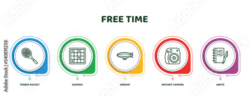 editable thin line icons with infographic template. infographic for free time concept. included tennis racket, sudoku, airship, instant camera, write icons.