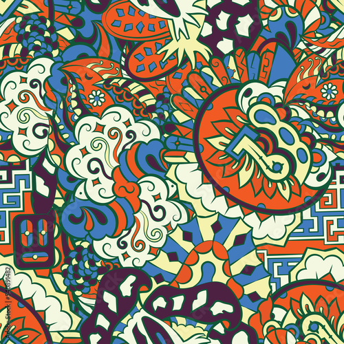Tracery seamless pattern. Mehndi design. 7 colors. Ethnic doodle texture. Curved doodling background. Vector