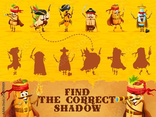 Find the correct shadow of cartoon mexican food pirate and corsair characters. Kids intelligence game vector worksheet or logical quiz with funny burrito, taco and churros, nachos and enchilada
