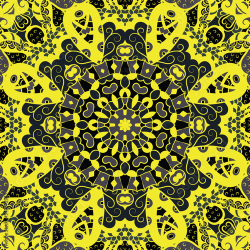 Seamless tile texture. Tracery mehndi design image. Dark toxic colors. Ethnic doodle art. Curved doodling picture. Vector