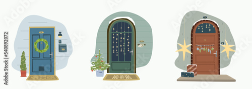 Set ith X-Mas decorated home front doors. Christmas tree by the house door with Wreath and Deco for party. Postcard, invitation or poser for new year and Merry Christmas.
