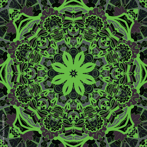Seamless tile texture. Tracery mehndi design image. Dark toxic colors. Ethnic doodle art. Curved doodling picture. Vector
