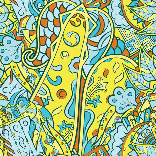 Tracery seamless pattern. Mehndi design. 7 colors. Ethnic doodle texture. Curved doodling background. Vector