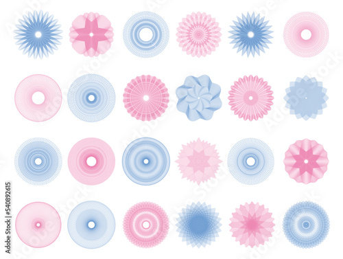 Certificate guilloche rosettes, diploma watermarks. Certificate, bank banknote watermark stamps, voucher and official document graphic vector seals. Money currency guilloche intricate patterns
