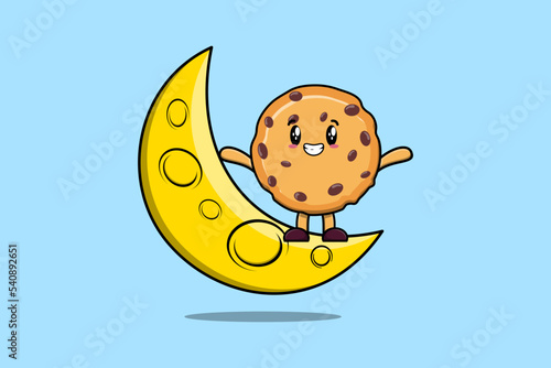 Cute cartoon Biscuits character standing on the crescent moon in 3d modern design illustration