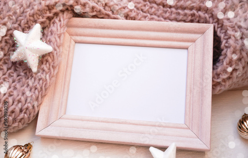  Winter, Christmas, New Year decorations composition, concept, background. Christmas greeting card. Photo Frame, border. Space for text.