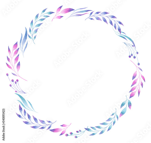Watercolor wreath with pink, violet and blue forest branches. Delicate frame with floral elements