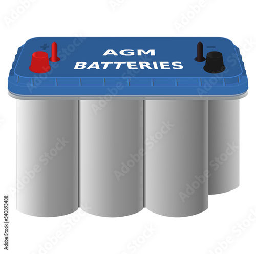 Car AGM cylindrical batteries with blue cover and red positive, black negative terminal, vector illustration
