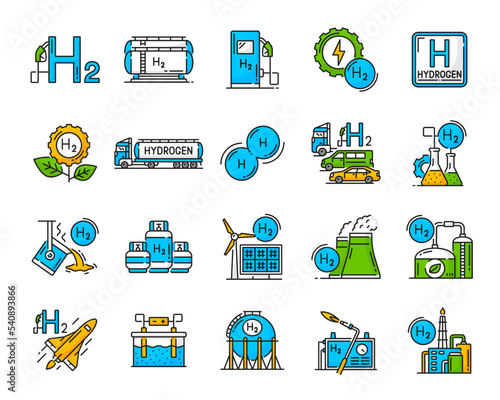 Hydrogen color icons. Green power and renewable energy simple symbols, sustainable and clean fuel outline vector icons. Truck with hydrogen gas tank, solar and wind power plant, fueling station symbol