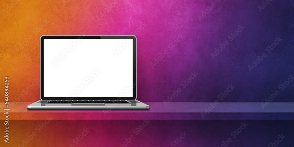 Fototapeta premium Laptop computer on rainbow shelf background banner