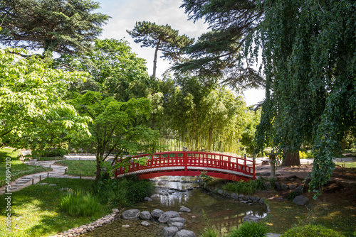 Φωτογραφία Traditional red wooden bridge on a japanese garden pond